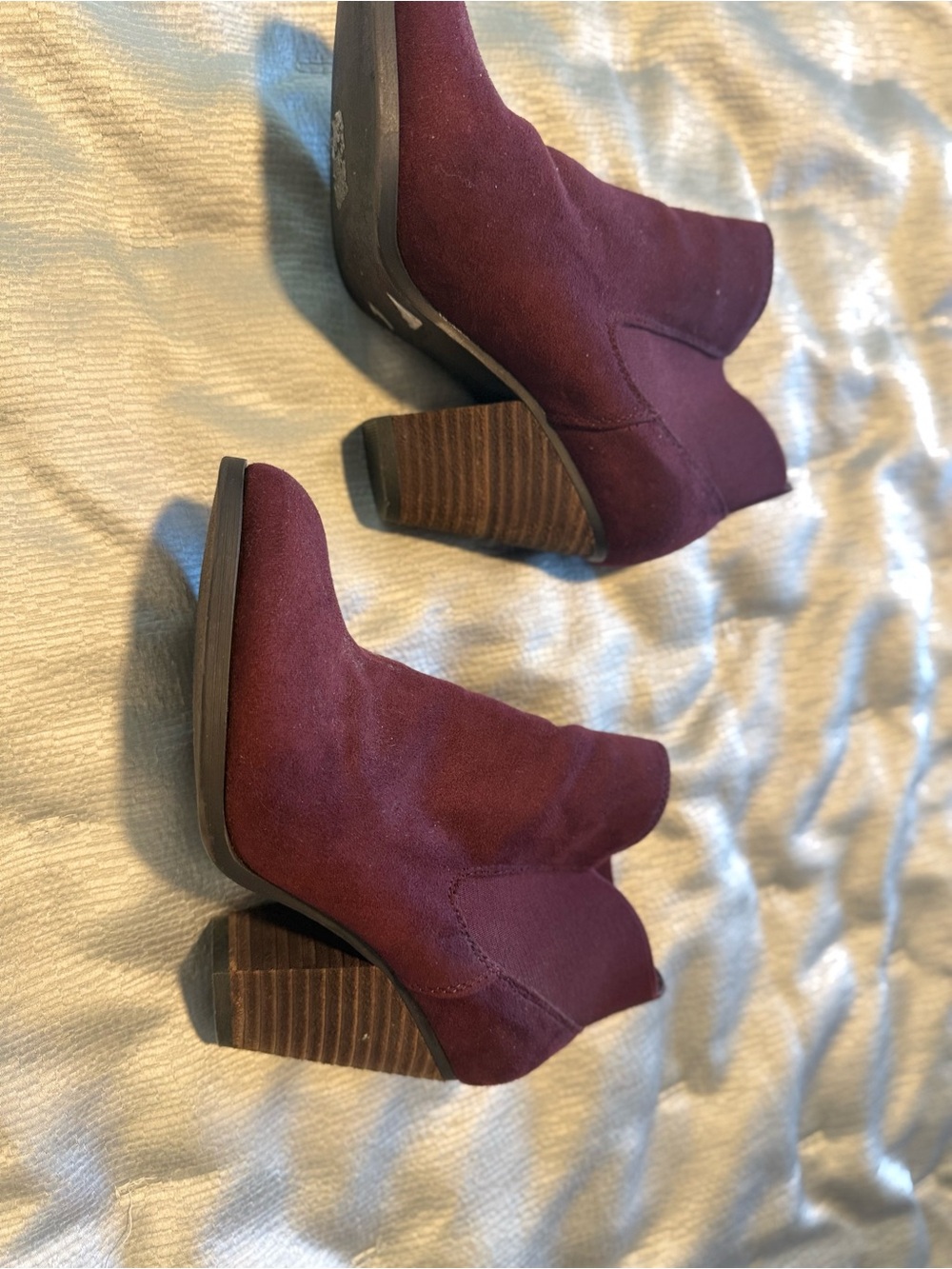 Women’s Burgundy Suede Ankle Booties with Stacked Heel